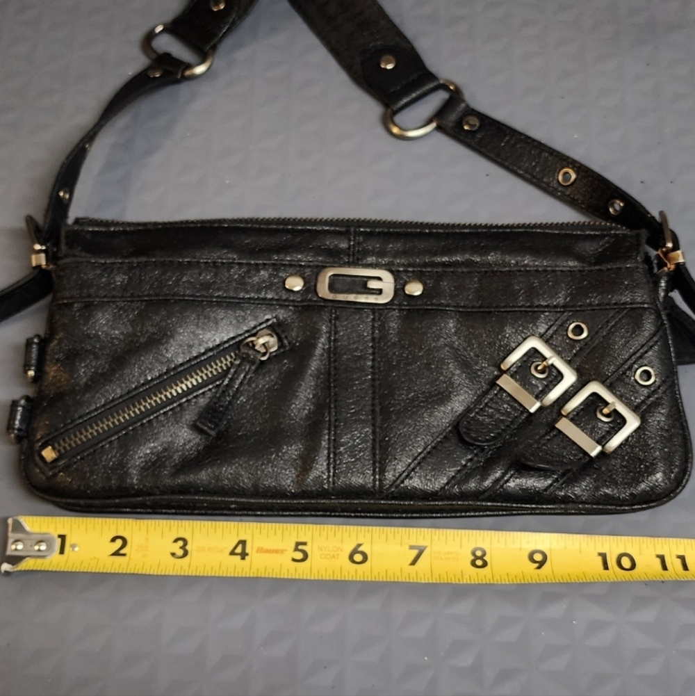 Guess vintage shoulder bag purse leather black w brn animal print lining buckles - Picture 12 of 12